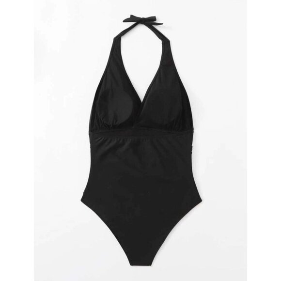 NWOT One Piece Swimsuit Plus Ruched Backless HalterTie Removable Cups 3XL Black - Picture 2 of 12
